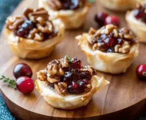 Delicious Cranberry Pecan Baked Brie Cups on a serving platter with fresh ingredients.
