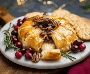 Cranberry Pecan Brie Wrapped in Puff Pastry, a delicious holiday appetizer with sweet cranberries, crunchy pecans, and melted Brie cheese wrapped in golden puff pastry.