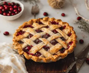 Delicious homemade cranberry pie with a golden crust and vibrant cranberry filling on a rustic plate.