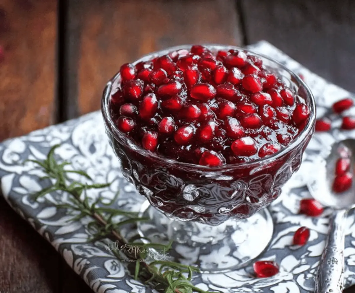 Fresh cranberry pomegranate sauce in a glass bowl, garnished with mint leaves, perfect for holiday desserts.