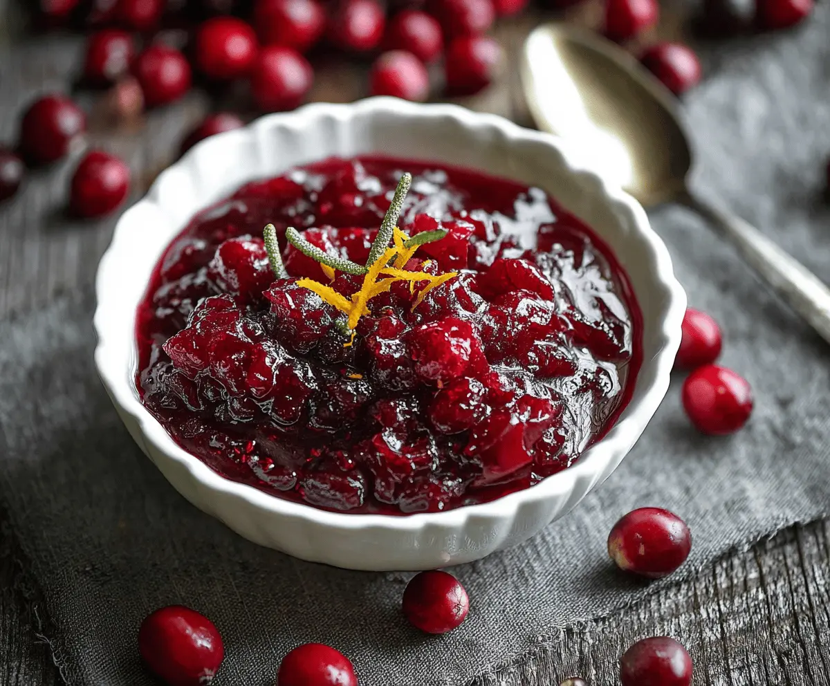 Delicious homemade cranberry vanilla sauce in a glass bowl for holiday desserts