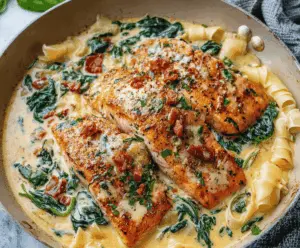 Creamy Garlic Tuscan Salmon served with fresh herbs and lemon slices on a white plate.