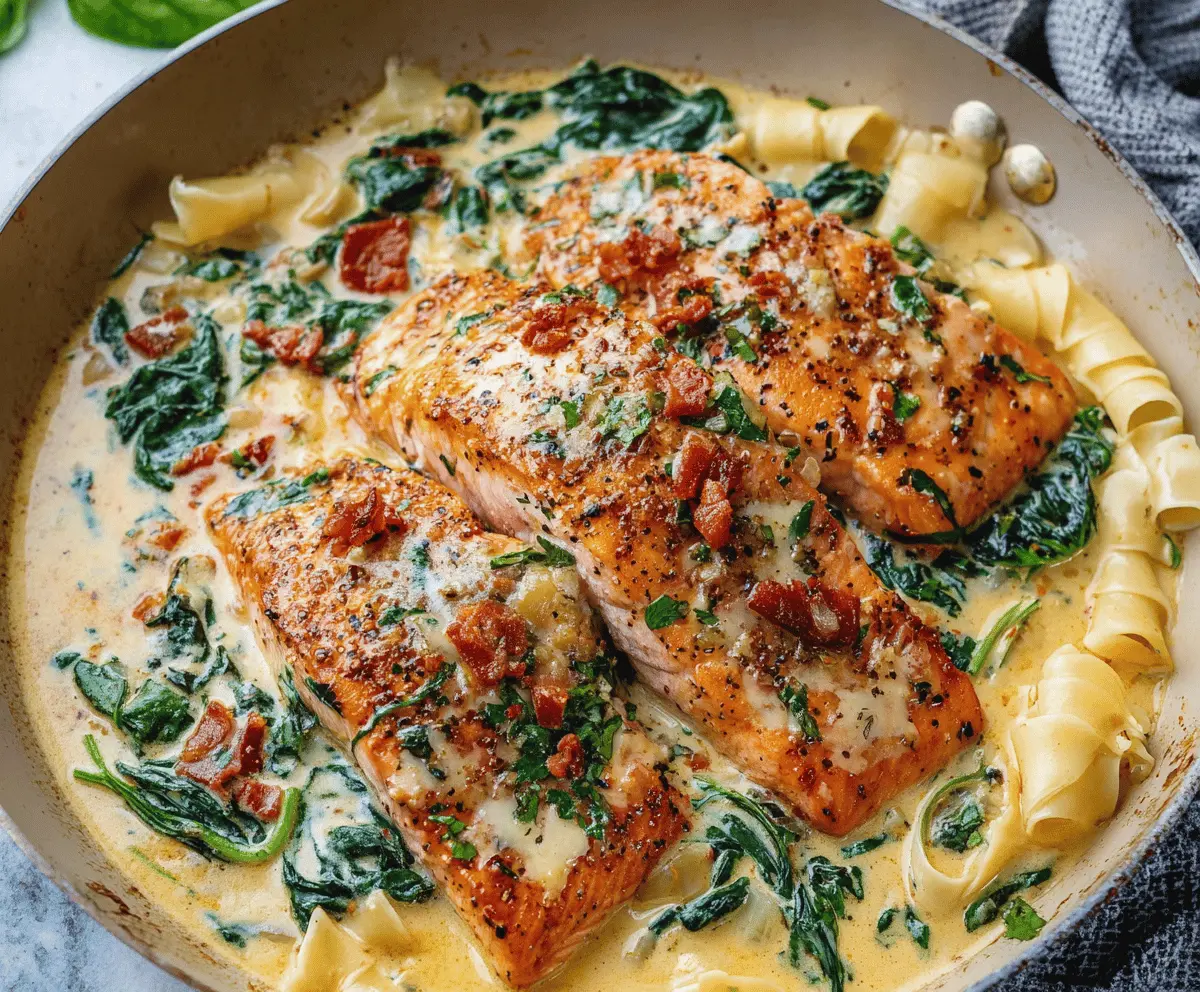 Creamy Garlic Tuscan Salmon served with fresh herbs and lemon slices on a white plate.