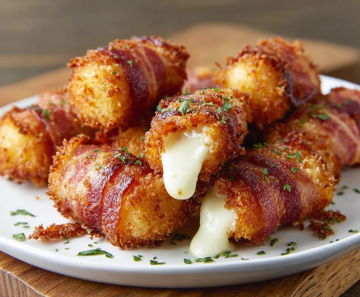 Golden crispy bacon wrapped mozzarella poppers served with dipping sauce.