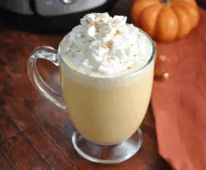 Creamy Crockpot Pumpkin Pie White Hot Chocolate topped with whipped cream and a sprinkle of cinnamon.