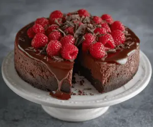 Delicious dark chocolate raspberry cheesecake with rich, creamy texture and vibrant berry topping.