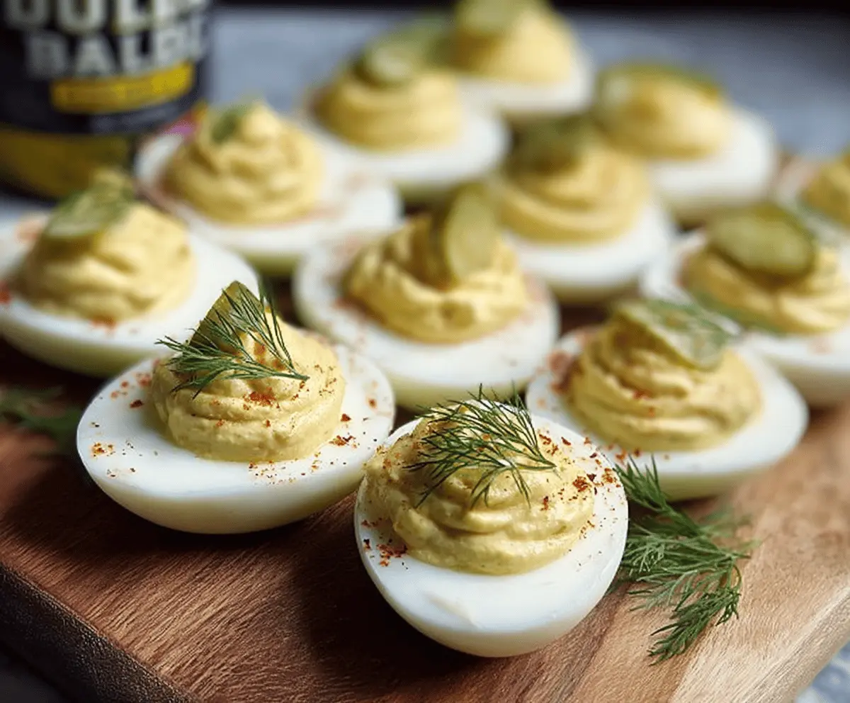 Close-up of Dill Pickle Deviled Eggs garnished with fresh dill and chopped pickles.