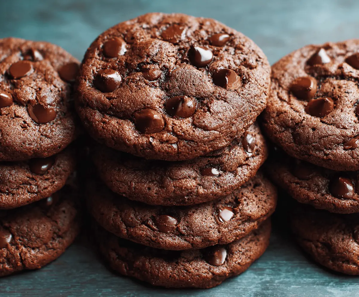 Delicious double chocolate chip cookies fresh out of the oven showcasing rich chocolate and gooey texture.