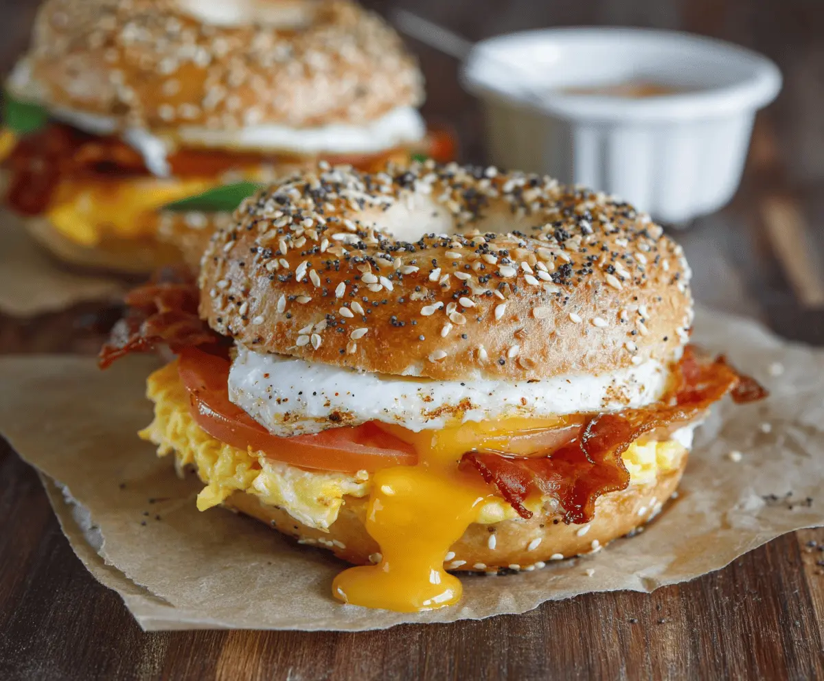 Delicious everything bagel breakfast sandwich with fried egg, cheese, and bacon.