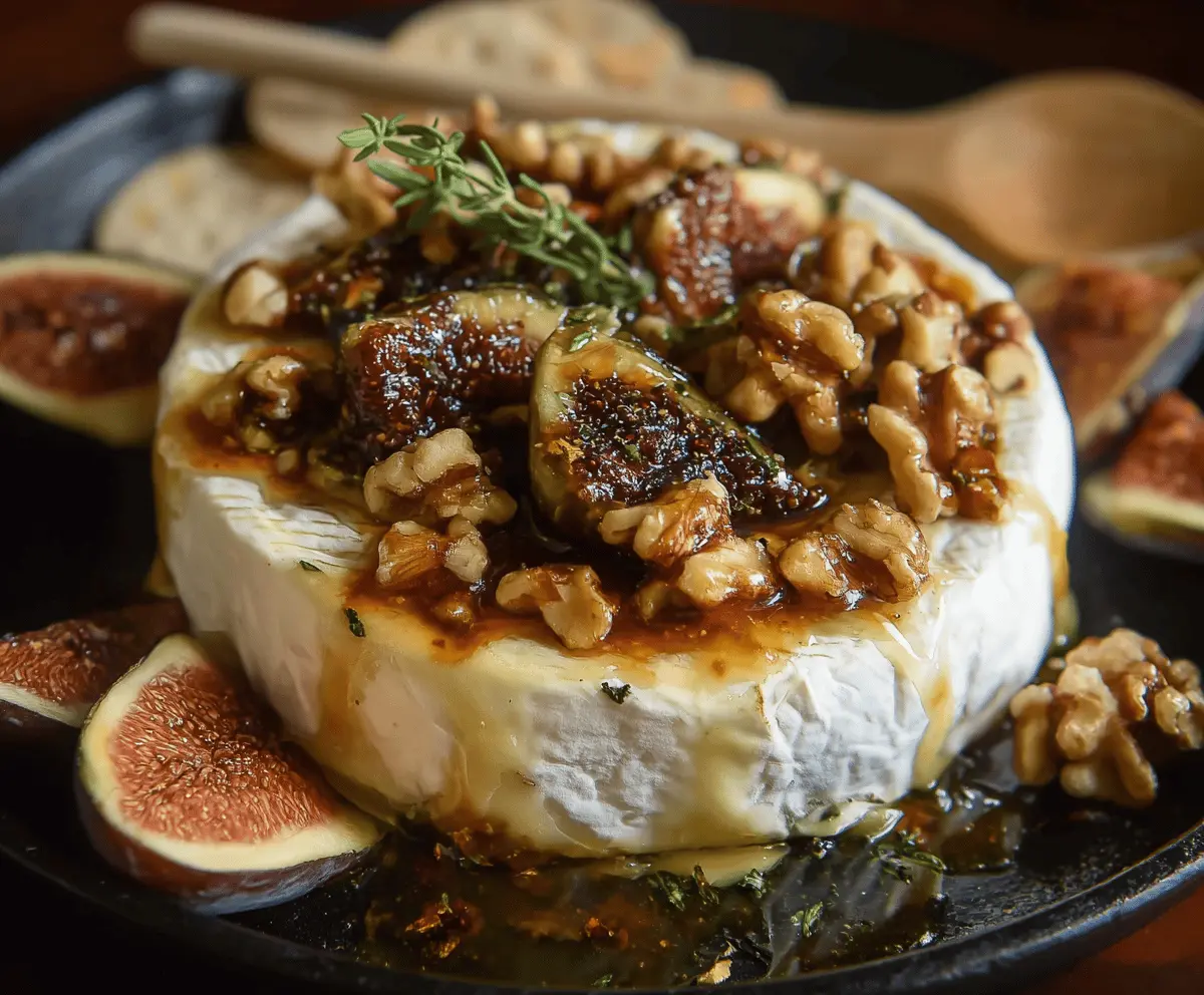 Delicious Fig Walnut Baked Brie cheese platter garnished with fresh figs and walnuts for a savory appetizer.