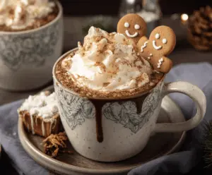 Warm gingerbread hot chocolate topped with whipped cream and gingerbread cookie for festive holiday treat