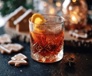 Gingerbread Negroni cocktail garnished with spices and a slice of ginger on a festive table