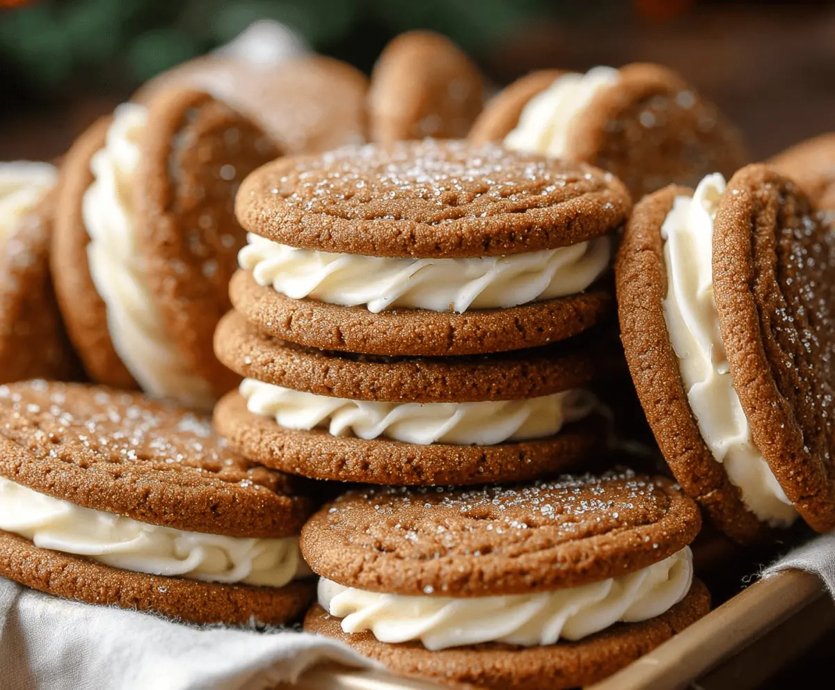 Delicious gingerbread sandwich cookies with creamy filling, perfect for the holidays.