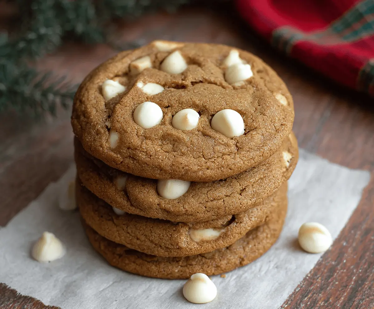 Freshly baked gingerbread white chocolate chip cookies on a cooling rack, perfect for holiday treats.