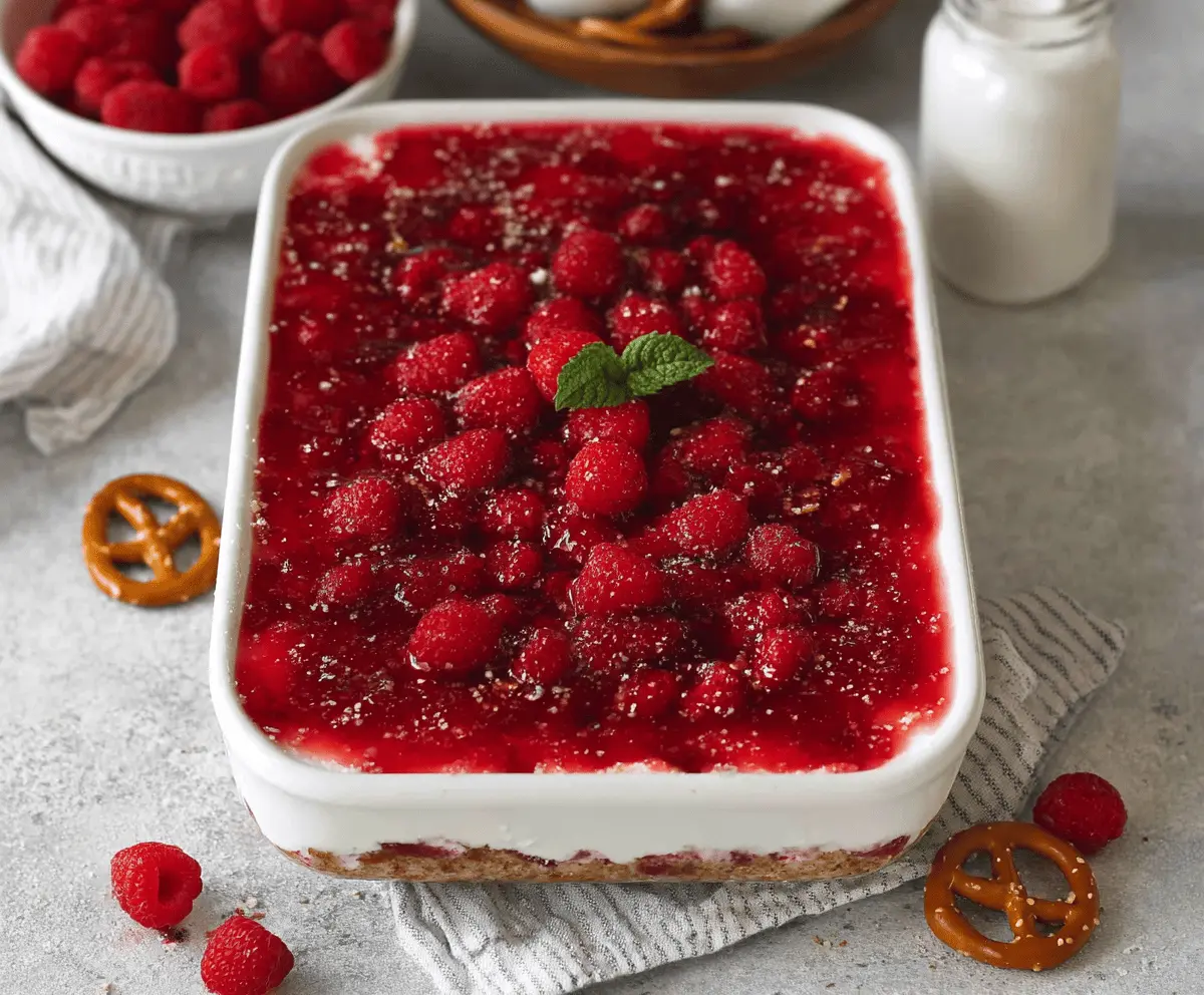 Delicious gluten-free raspberry pretzel salad topped with fresh fruit and whipped cream.