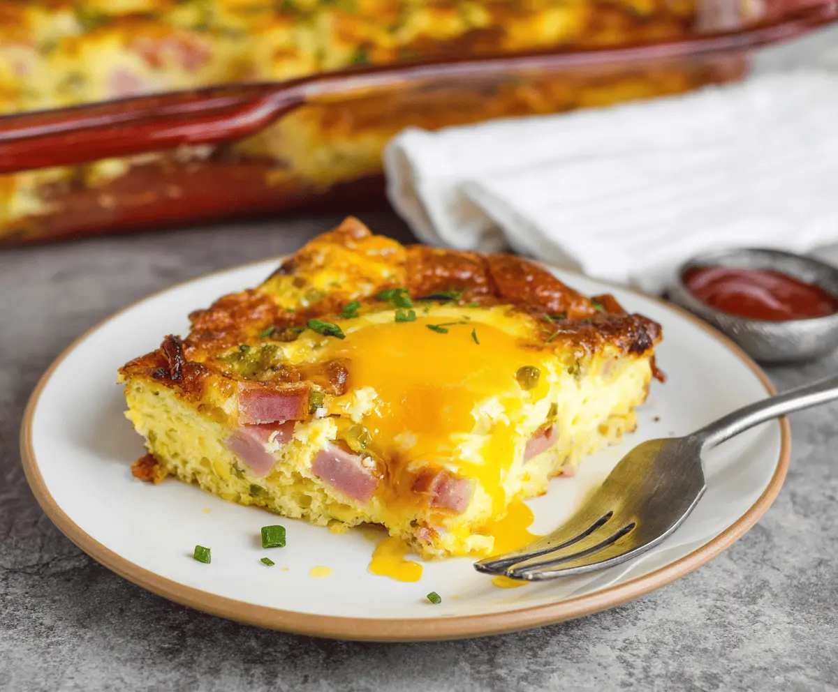 Delicious ham and egg casserole with melted cheese and crispy edges, perfect for breakfast or brunch.