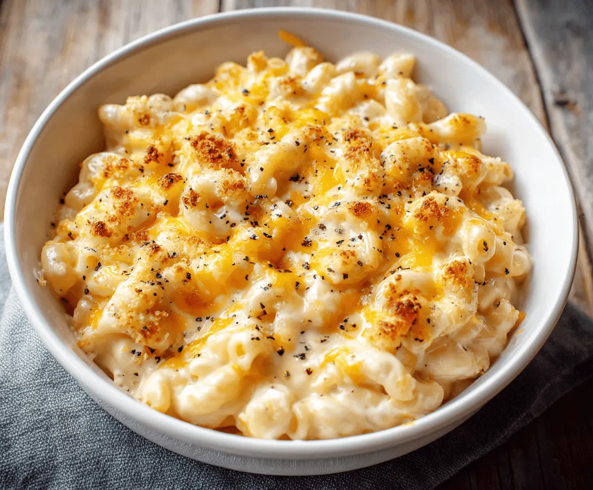 Creamy high protein mac and cheese with healthy ingredients and melted cheese topping.
