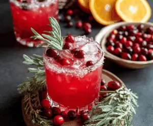 Festive holiday spiked punch cocktail garnished with fruit and mint in a clear glass.