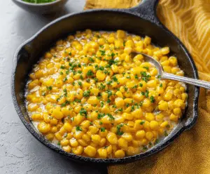 Creamy honey butter skillet corn served in a rustic bowl, highlighting a sweet and savory side dish.