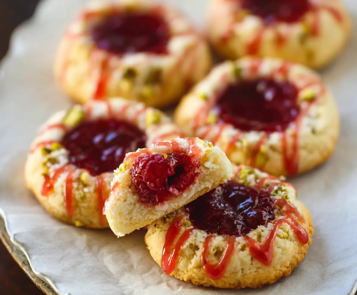 Delicious Italian raspberry thumbprint cookies with a glossy raspberry jam filling on a rustic plate.