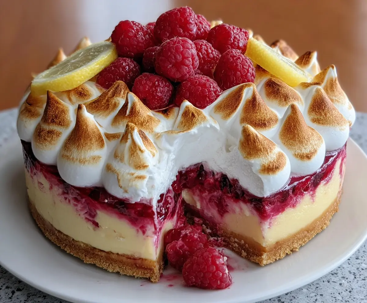 Delicious Lemon Raspberry Meringue Cheesecake topped with fresh raspberries and lemon zest.