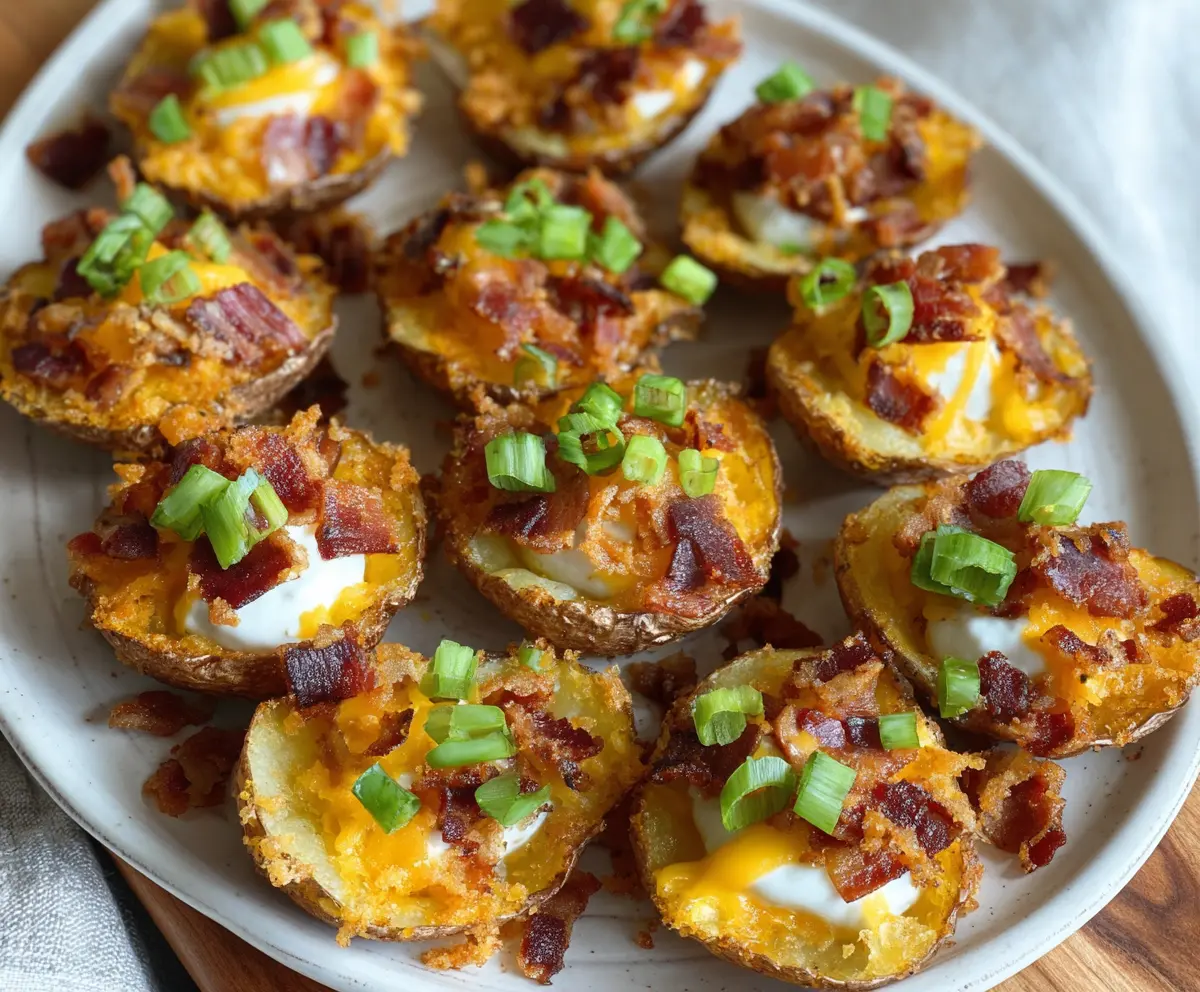Served loaded mini potato bites topped with cheese, bacon, and chives on a white platter.