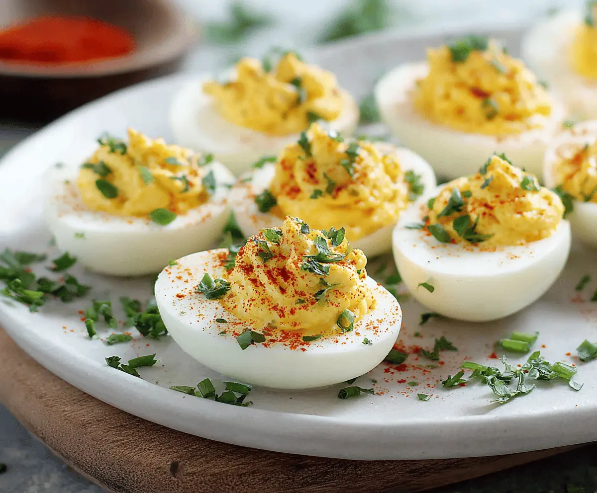 Delicious low-carb deviled eggs garnished with paprika and fresh herbs.