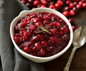 Delicious homemade Maple Cranberry Sauce with fresh cranberries and a drizzle of maple syrup on a festive plate