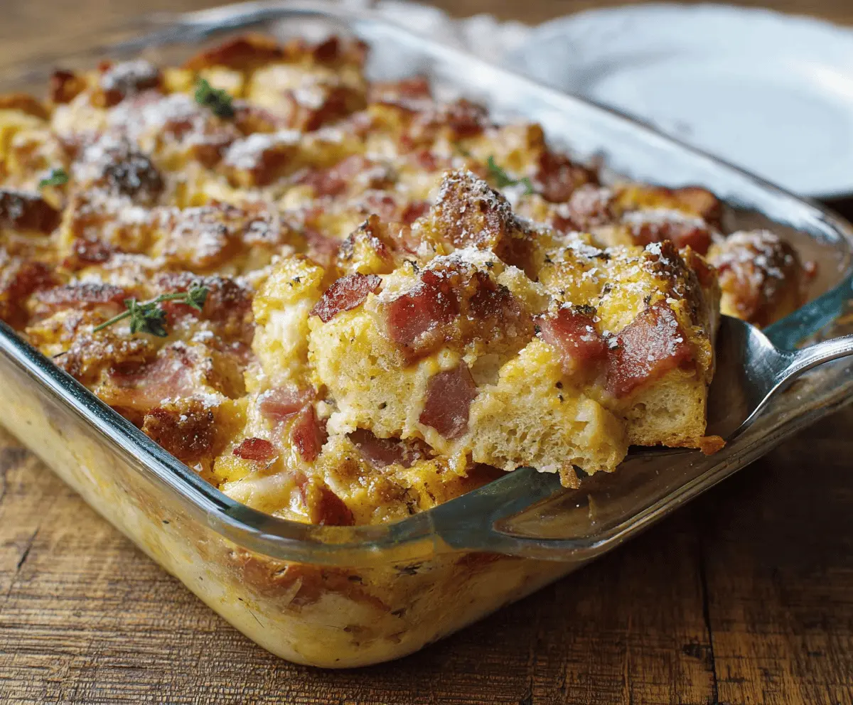 Delicious Monte Cristo Breakfast Casserole with melted cheese and crispy bread topping, perfect for brunch.