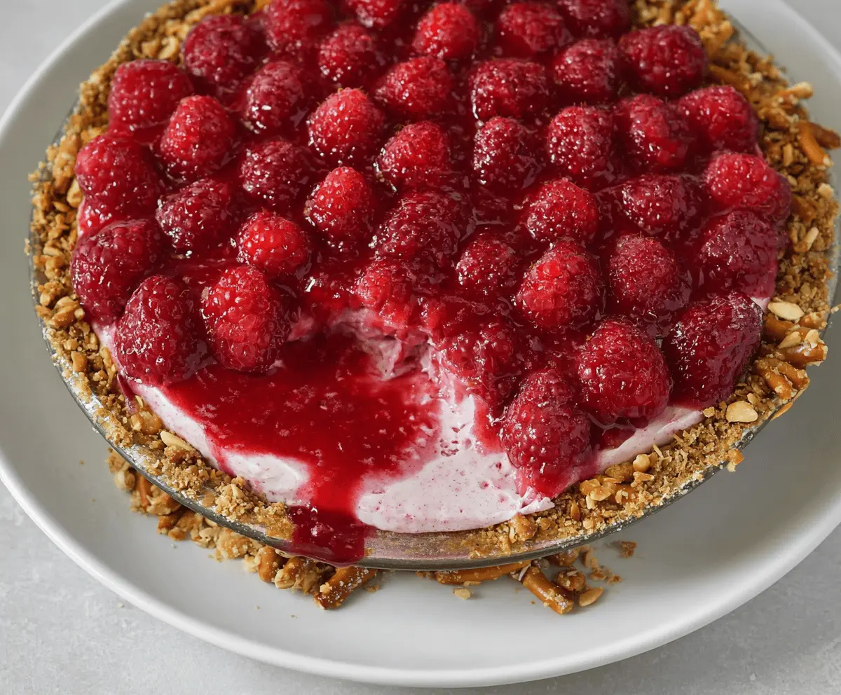 No-Bake Raspberry Pretzel Pie with fresh raspberries and a crunchy pretzel crust