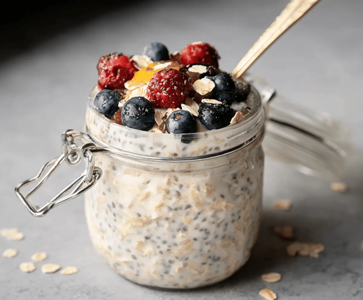 Creamy oat milk overnight oats in a glass jar with fresh fruit topping for a healthy breakfast.