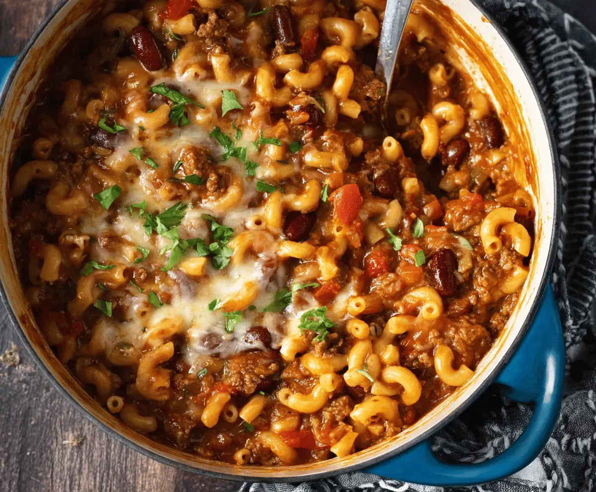 Delicious one pot chili mac and cheese with melted cheese and savory chili in a serving bowl.