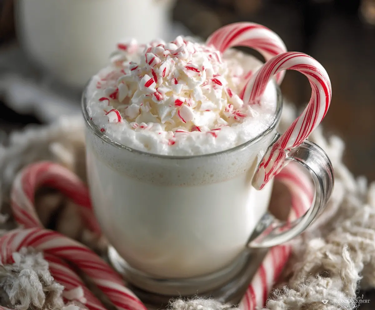Creamy peppermint white hot chocolate topped with whipped cream and crushed peppermint candies.