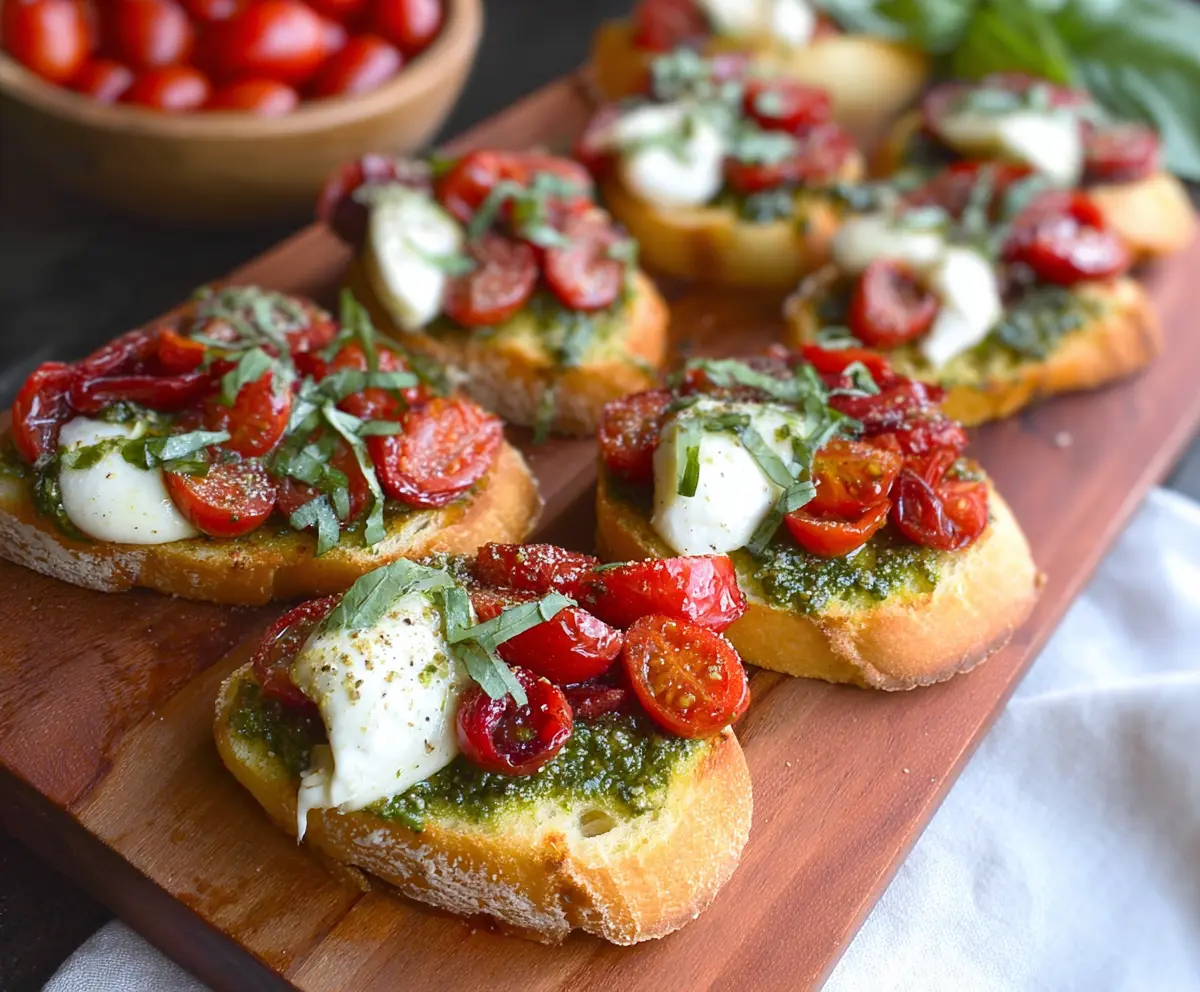 Delicious Pesto Tomato Mozzarella Crostini served on a wooden board, perfect for appetizers.