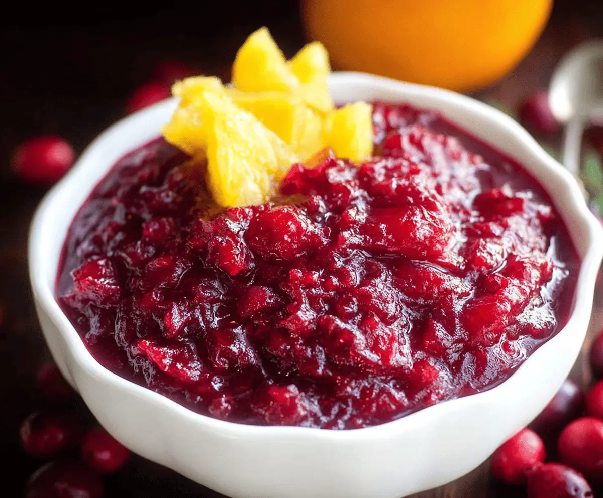 Delicious Pineapple Cranberry Orange Sauce served in a bowl with fresh ingredients.
