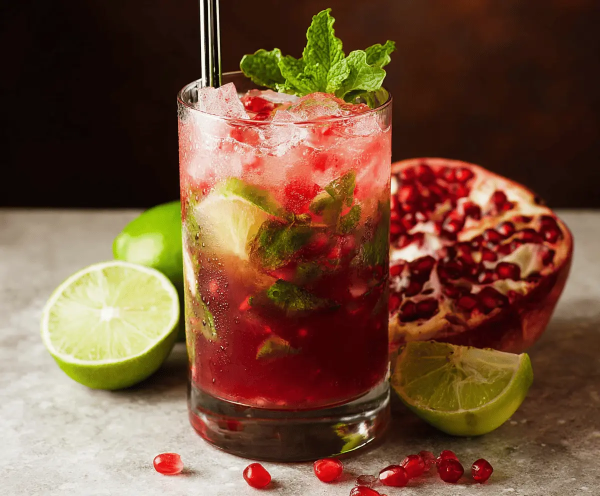Refreshing Pomegranate Mojito cocktail with fresh mint and lime in a clear glass