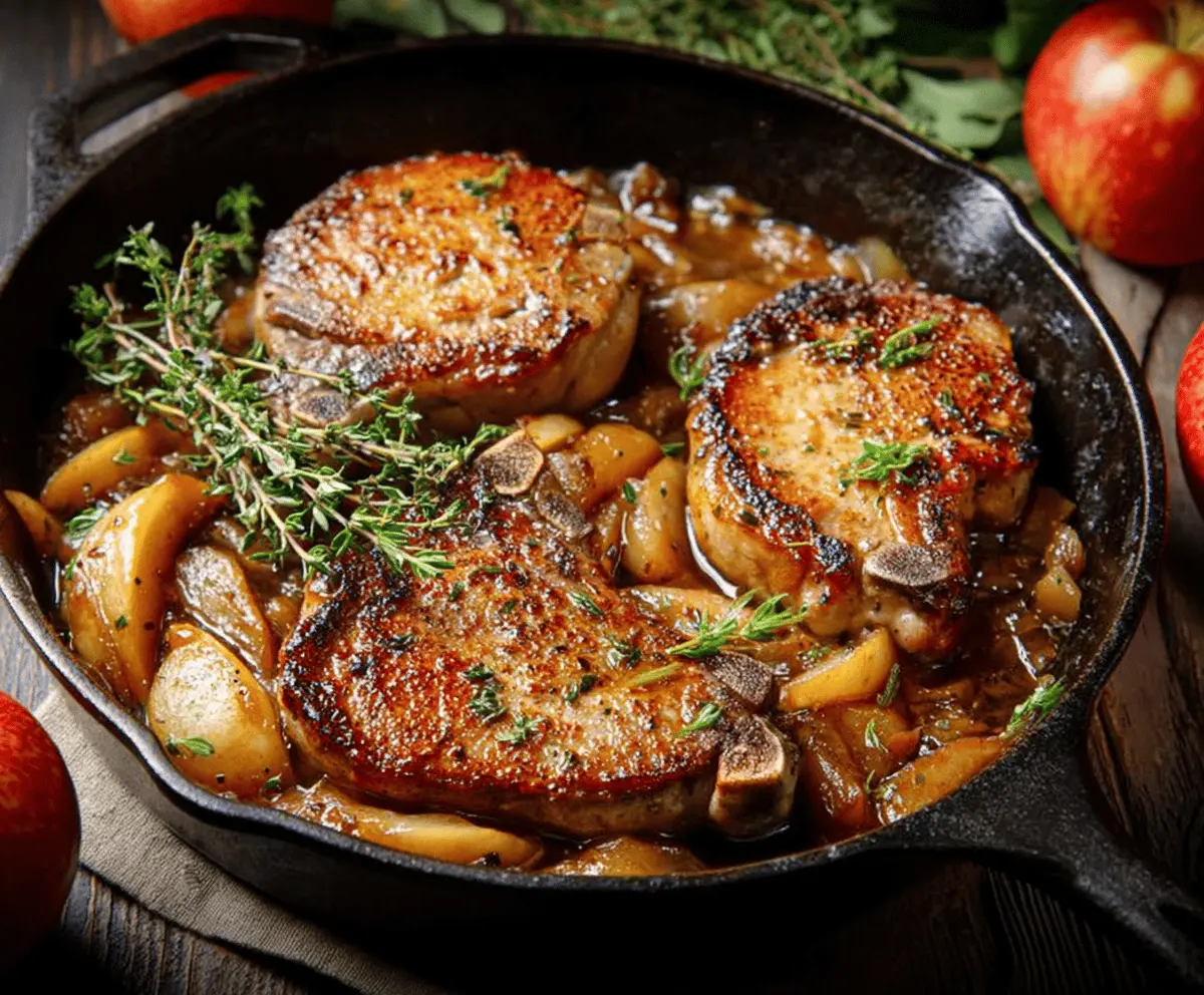 Delicious pork chops cooked with apple cider, garnished with fresh herbs for a savory meal.
