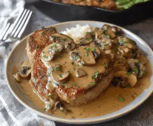 Delicious pork chops topped with creamy mushroom gravy served on a rustic plate