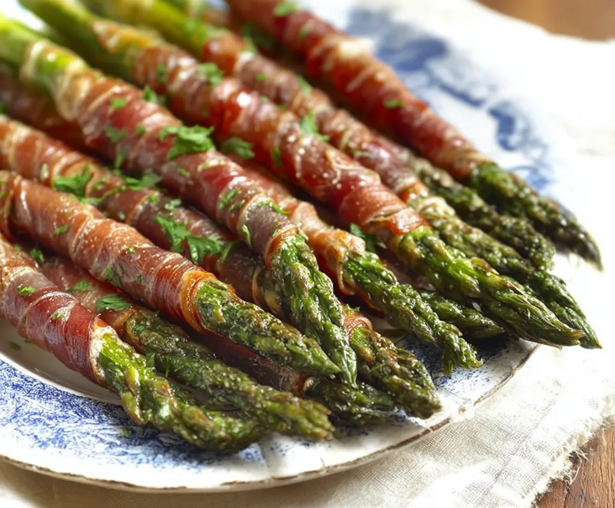 Golden prosciutto-wrapped asparagus spears served as an elegant appetizer.