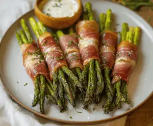 Delicious prosciutto wrapped asparagus appetizer, perfect for parties and healthy snacking.