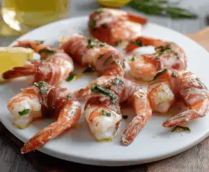 Delicious prosciutto wrapped shrimp served as an appetizer, perfect for parties and gatherings.