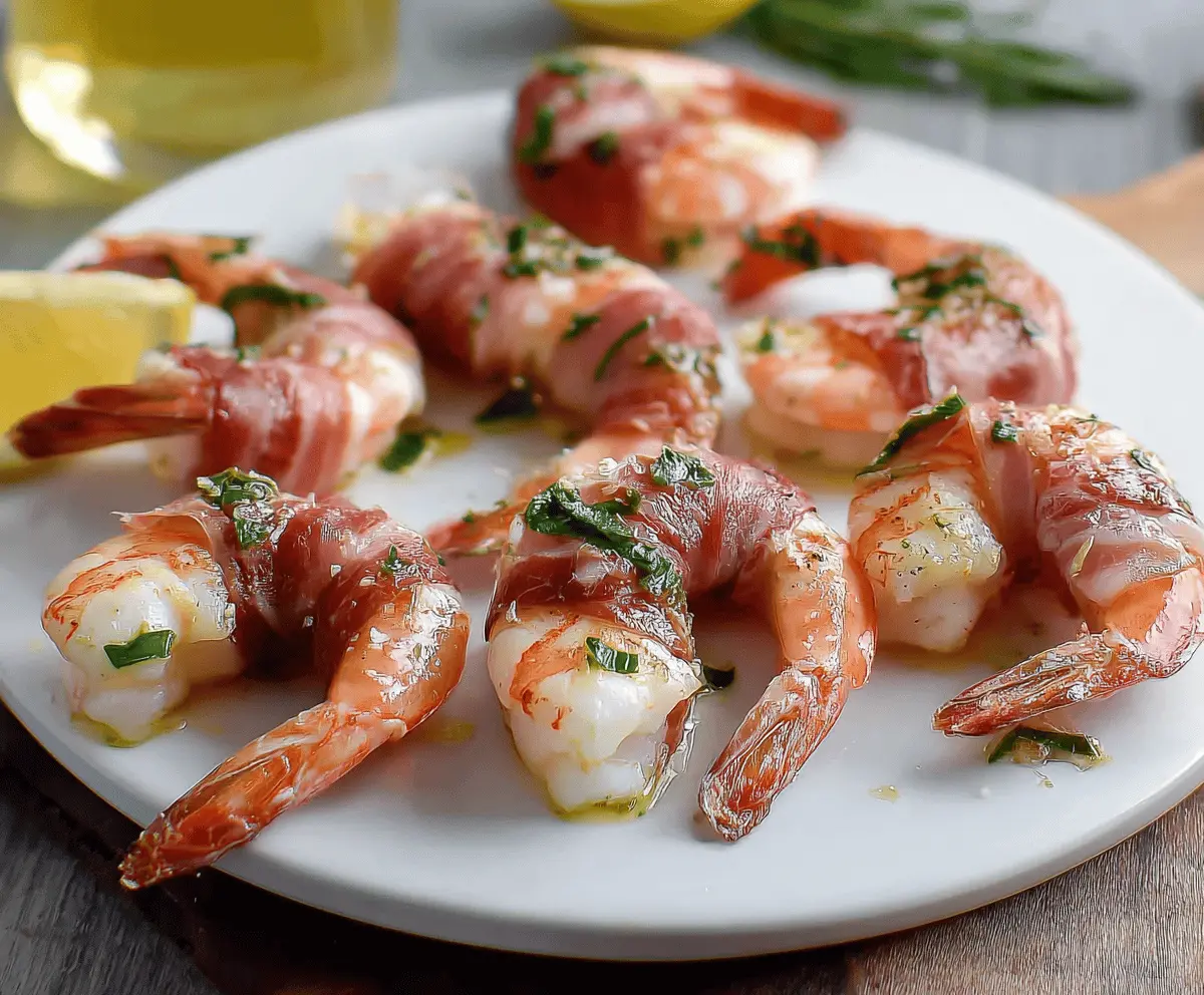 Delicious prosciutto wrapped shrimp served as an appetizer, perfect for parties and gatherings.