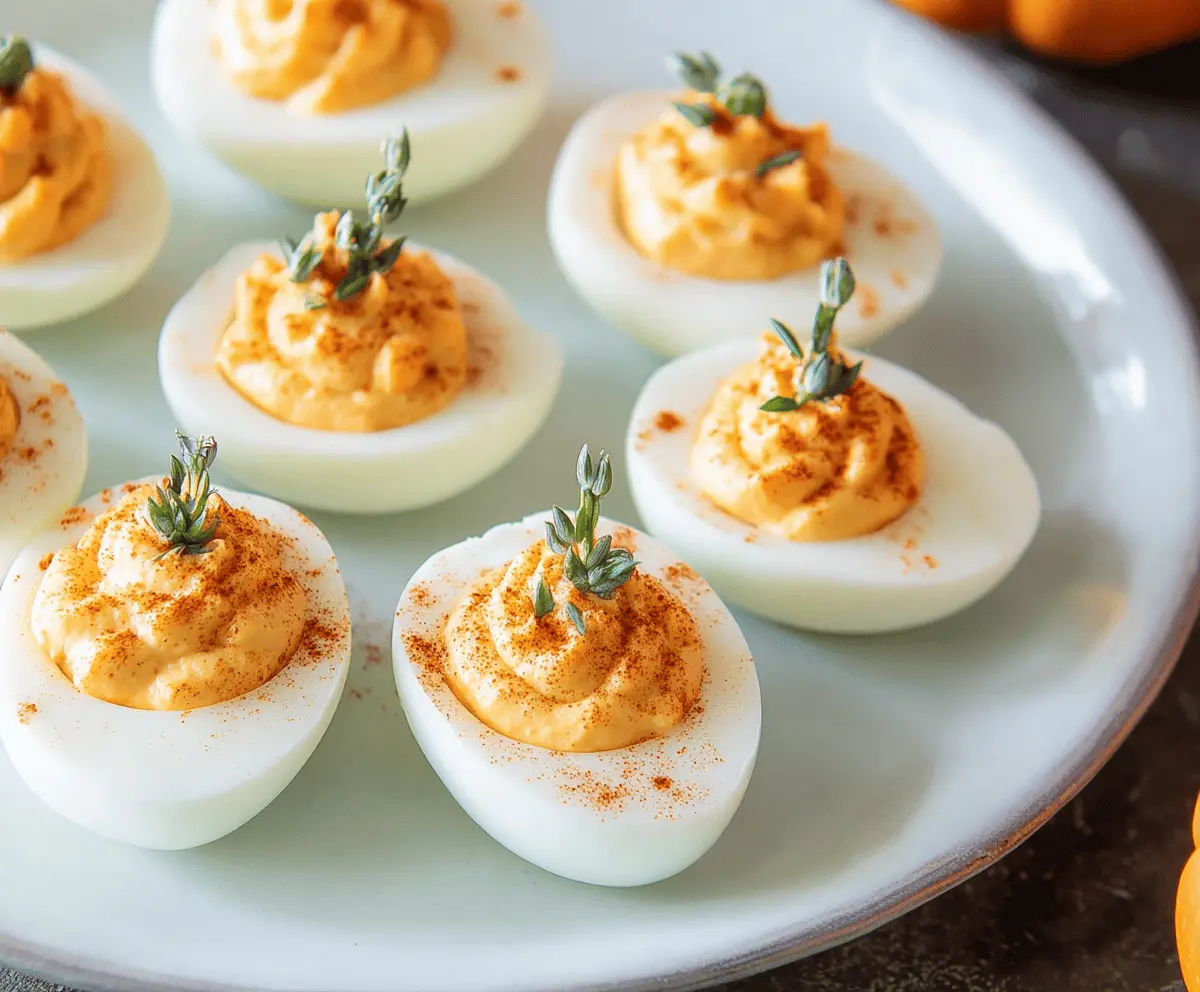 Delicious pumpkin deviled eggs garnished with paprika on a festive plate