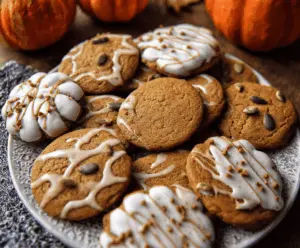 Decorative pumpkin gingerbread cookies on a baking tray, perfect for fall holidays.