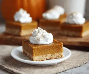 Delicious homemade pumpkin pie bars with a golden crust and creamy pumpkin filling topped with whipped cream.