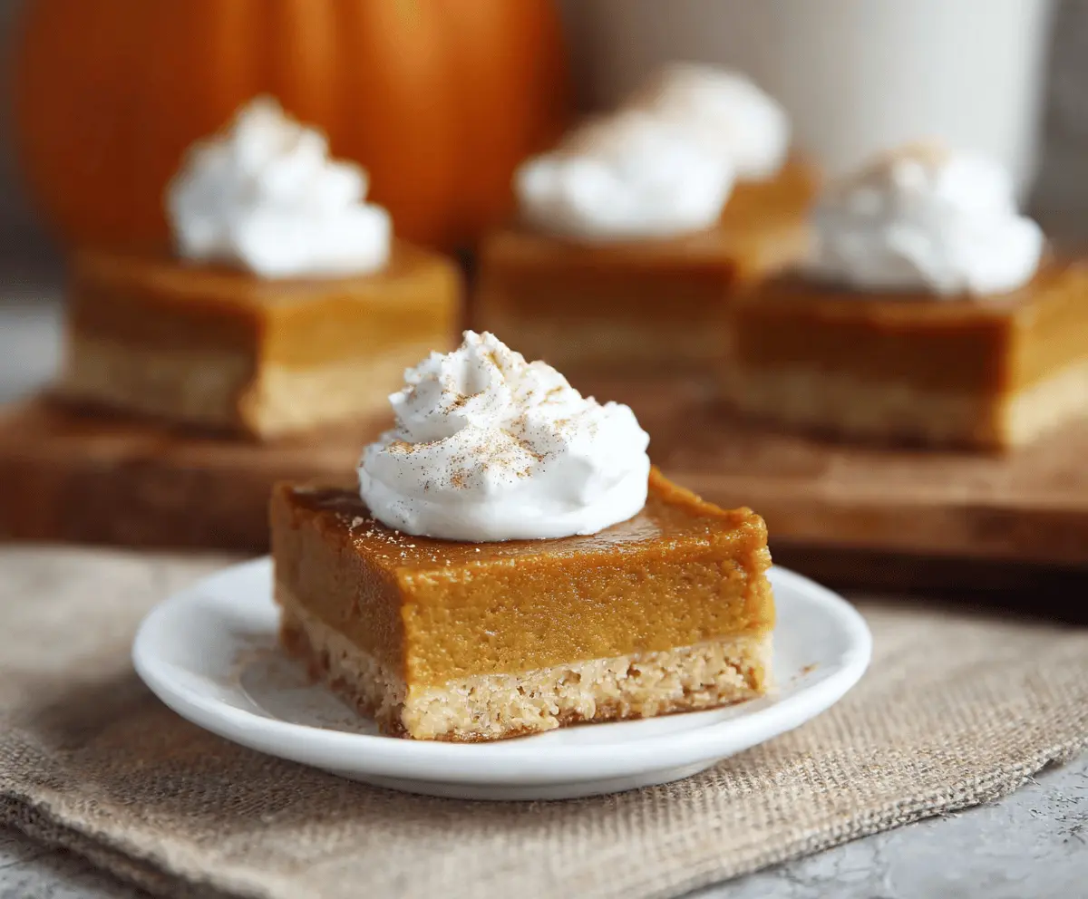 Delicious homemade pumpkin pie bars with a golden crust and creamy pumpkin filling topped with whipped cream.