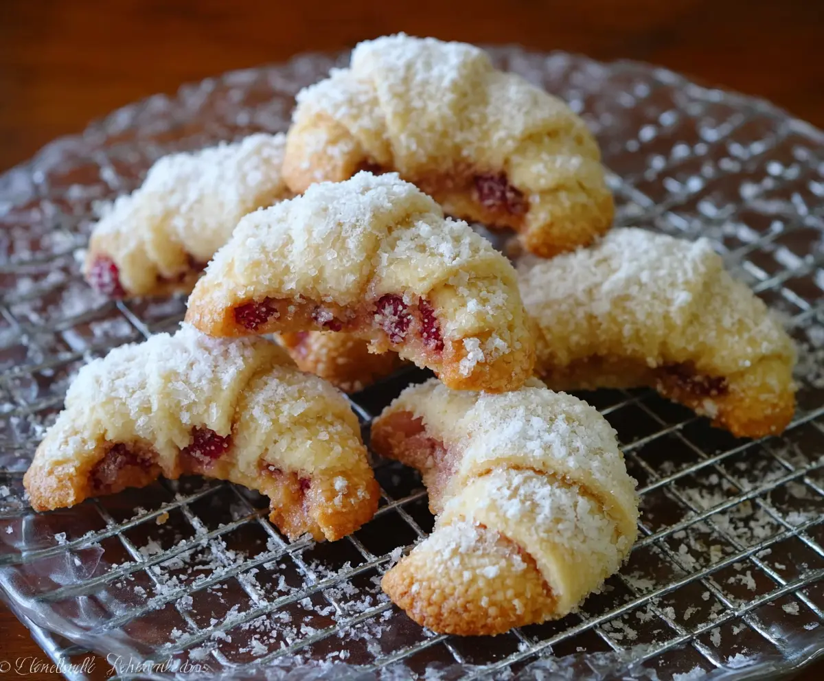Delicious Raspberry Almond Crescent Cookies with a golden-brown flaky exterior and vibrant raspberry filling.