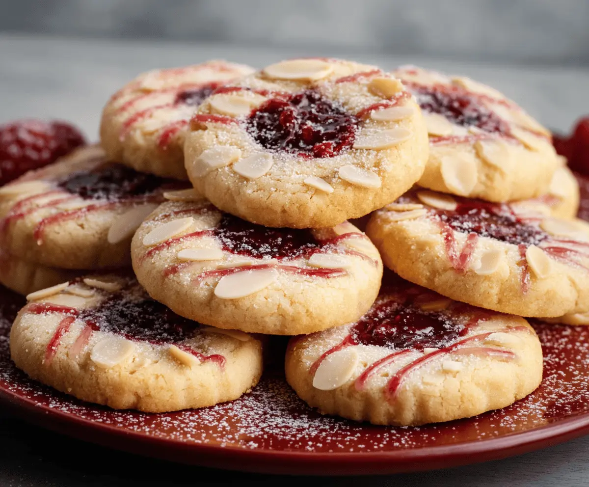 Delicious Raspberry Almond Shortbread Cookies on a plate with fresh raspberries and almonds