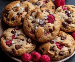 Delicious homemade raspberry and chocolate chip cookies on a plate, perfect for dessert or snack.