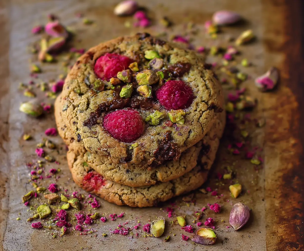 Delicious raspberry and pistachio cookies on a white plate, showcasing vibrant red berries and green pistachios.